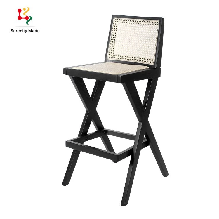 Leisure cane furniture wooden frame rattan cane mesh back counter wood bar stool