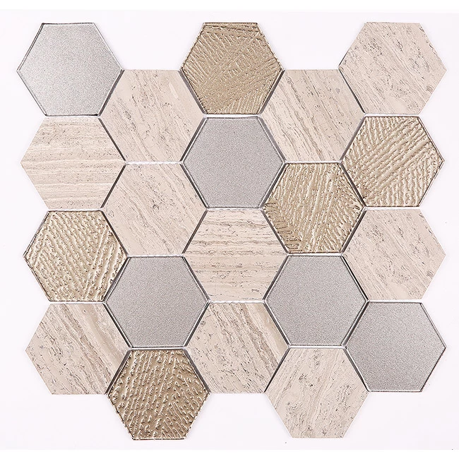Light emperador color customized hexagon glass mosaic mix stone glass mosaic tile
