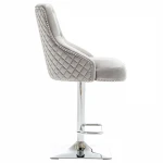 Light Grey Velvet Bar Stool with Buttons and Square in Back T Shape Foot Rest