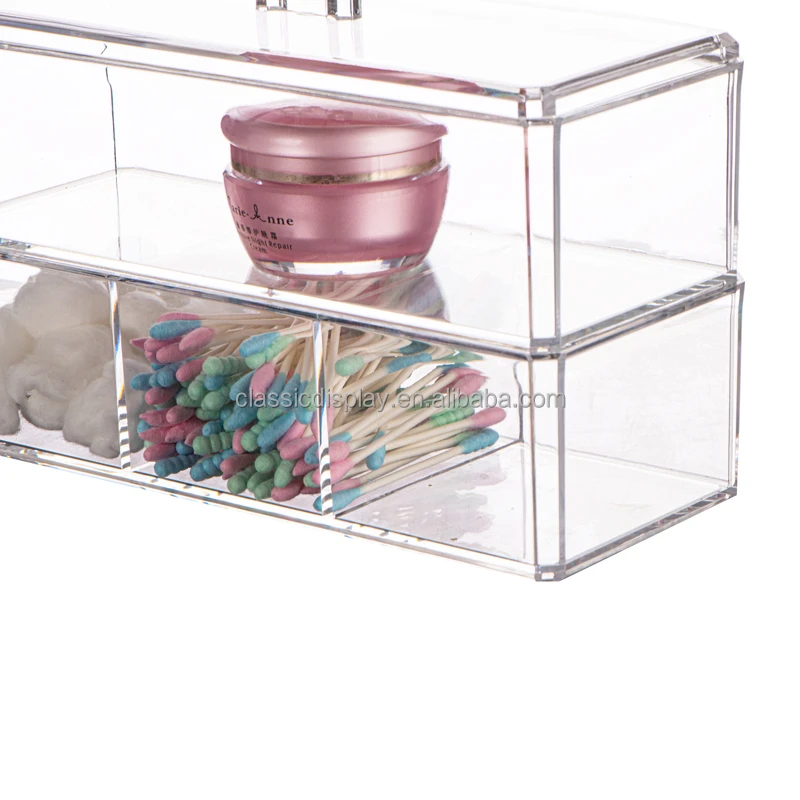 M-8027C 2 Layers Clear Acrylic Makeup  Brush Holder Cotton Container Cosmetic Organizer with Lid