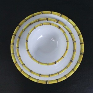 Melamine dinnerware set white / yellow bamboo border  plastic tableware set