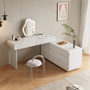 Modern Style Bedroom Wood Extendable Make Up Cabinet Adjustable Led Mirror Dresser with Chest of six drawers Dressing Table