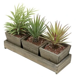 MyGift Set of 3 Rustic Style Wood Succulent Planter Square Pots w/ Tray, Brown
