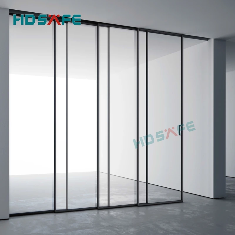 New design matte black frame slim aluminium sliding door system soft closing narrow frame tempered glass sliding door accessory