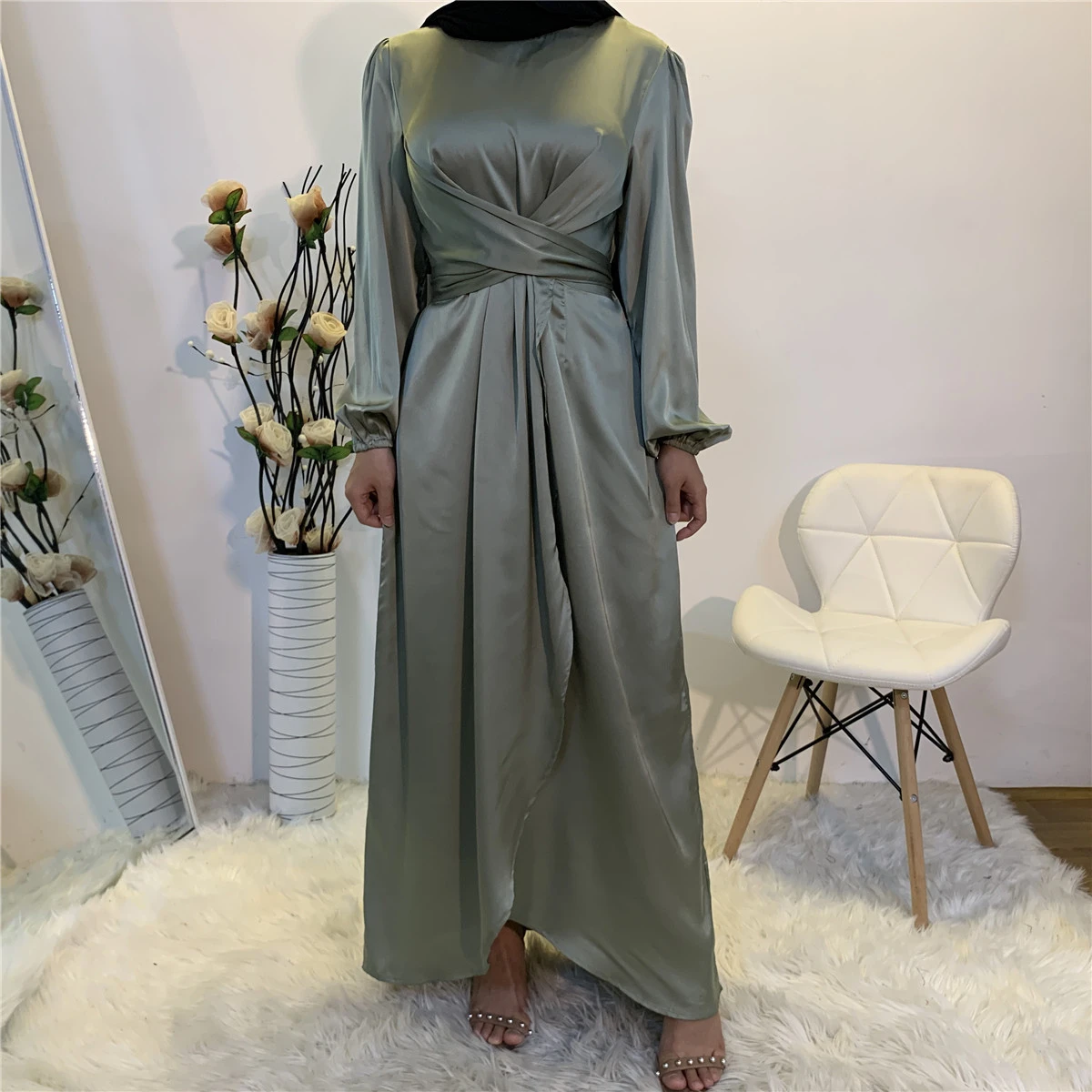 PE6345# Hot Sell Satin Dress Collection Soft Smooth Satin Elegant Long Dresses Muslim Women Modest Wear Clothing EID Best Choice