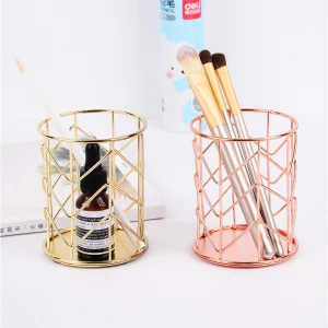 Pen Holder Home Decor Pencil Basket Makeup Brush Desk Organizer Rose Gold Unique Round Fancy Iron Stand Metal Office