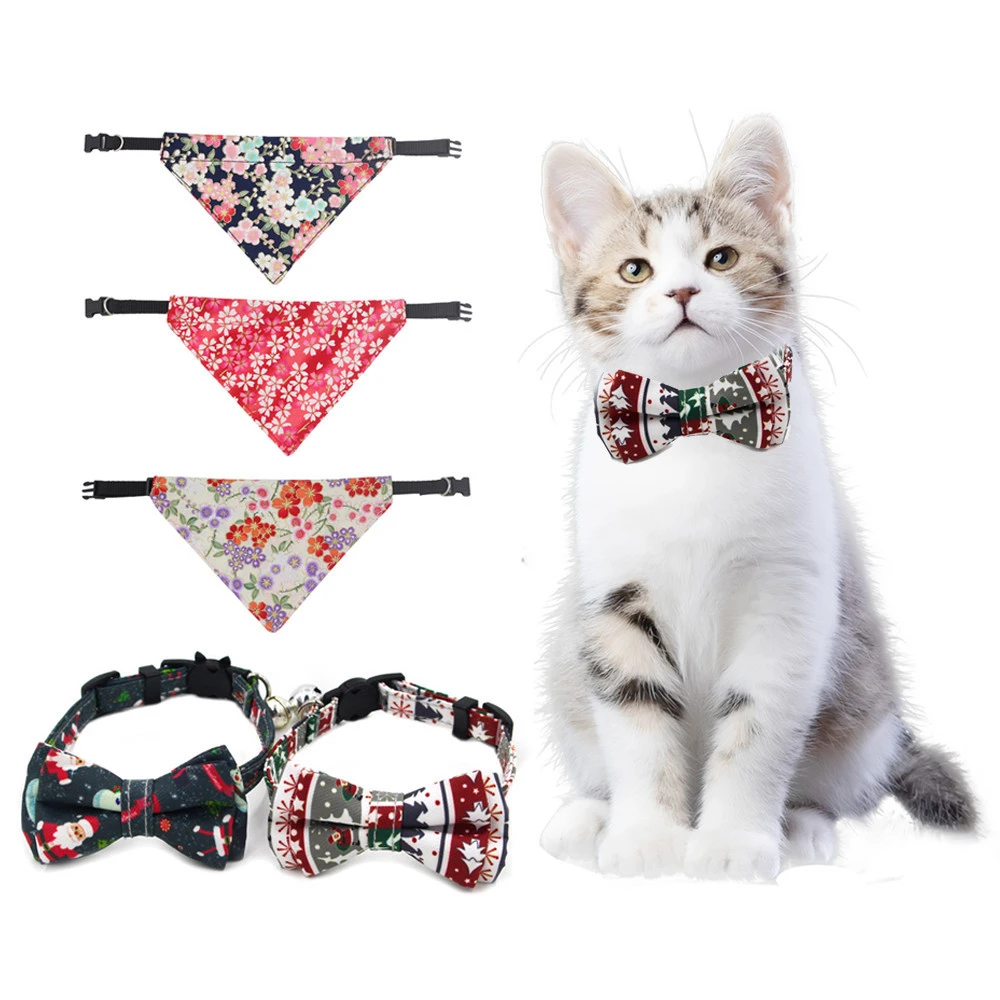 Pet christmas bow ties collar set butterfly bow tie cat bandanna triangle scarf buckle collar and drooling towel for small dog
