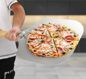 Premium 12 x 14 Inch Foldable Rubber Wood Handle Aluminum Paddle Metal Pizza Peel Shovel with cutter