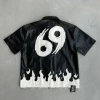 PU Leather Jacket Custom Distressed Applique Embroidery Pu Shirt Zip Up Short Sleeve Oversized Leather Shirt For Men