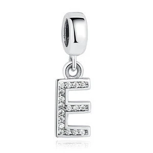 Real 925 Sterling Silver Pendant WIth White Zircon Letter E Charm Beads For Bracelets DIY Jewelry