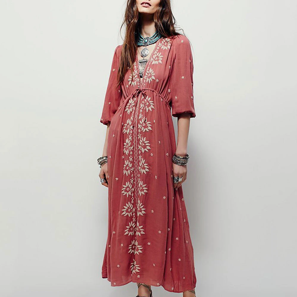 Summer Vacation Bohemian Beach Dress Deep V Sexy Embroidery Beach Vacation Star Embroidered Long Dresses
