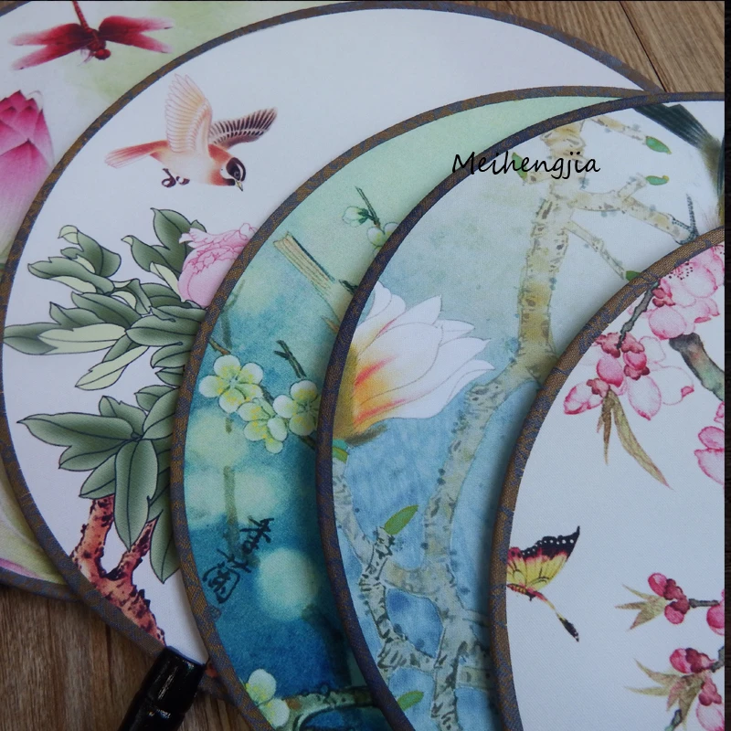 The Latest Design Double Side Circular Fan Round  Silk Classical Fan Printing Flower With Black Wood Handle For Birthday
