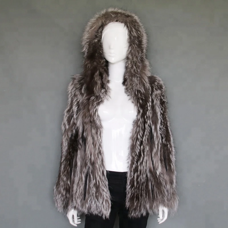 Top grade natural fox fur lady coat fluffy real fur trendy overcoat with hood