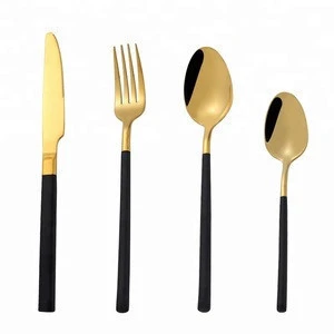 Top Quality Durable Shiny Polishing Black Handle Dinnerware Sets Gold Plated Cutlery Set