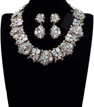 Vintage Chunky Chain Choker Collar Bib Statement Necklace Jewelry for Women Rhinestone Statement Necklace earrings set