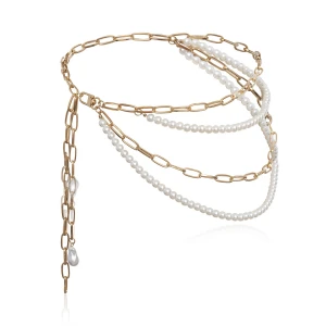 Western Style Multi-layer Gold Metal Body Chain, Pearl Chain Tassel Waist Belts Girls