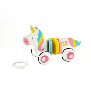 Wholesale Animal String Line Mechanism Unicorn Montessori Wooden Push Pull Along Toy