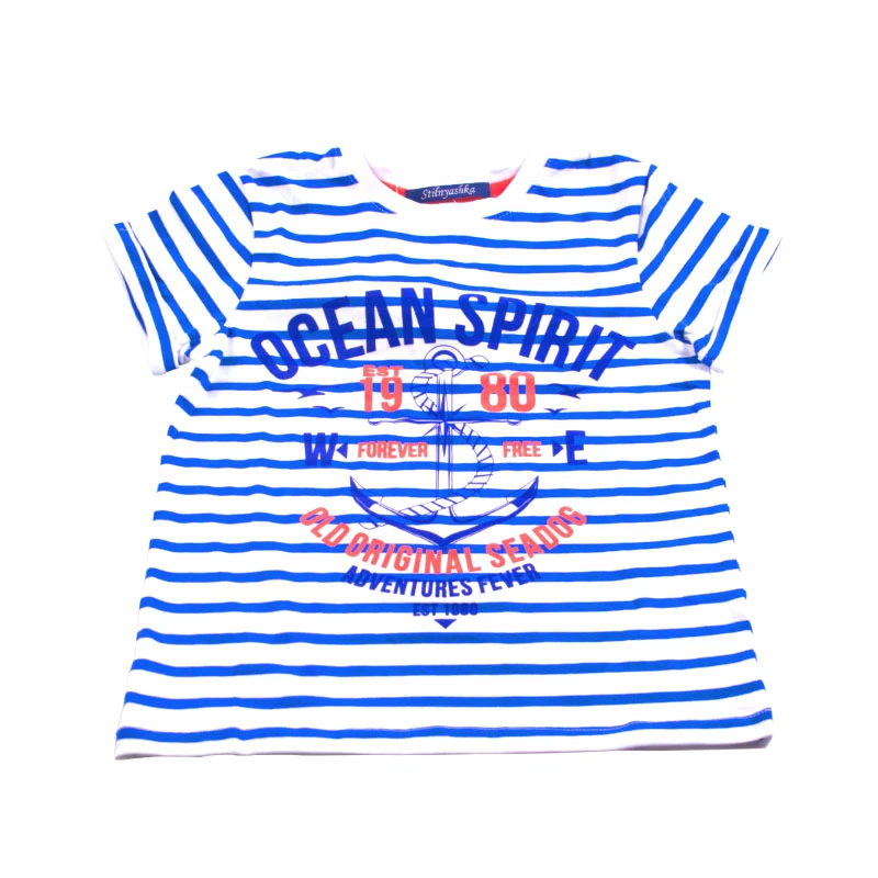 Wholesale Children Wears Blue Stripe White Clothing Ocean Spirit Letters Baby Boy T Shirt Clothes