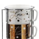 wholesale porcelain stackable espresso coffee cup set with mental stand stacking demitasse ceramic mug