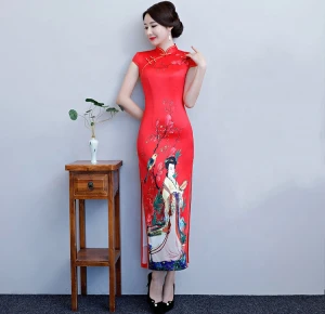 Wholesale Tang Suit Printed Chinese Traditional Dress Women Short Sleeve Cheongsam Qipao