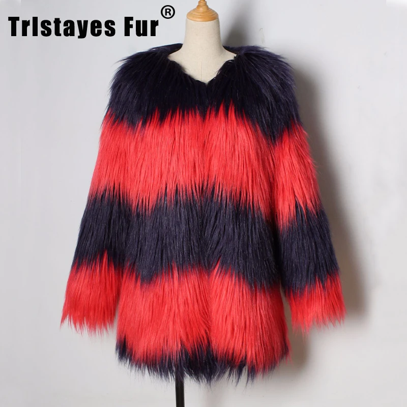 Winter Clothes With Stripe Black Red Fur Coat Jackets Women And Girls Faux Fur Coat