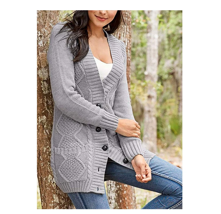 Women Classy Long Sleeve Open Front Pocket Oversized Cardigan Sweater Button Down Knit Sweater Coat