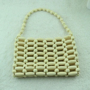 Women knitted beaded mini shoulder bag white wooden beads bamboo party handbags