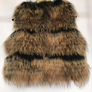 Women Raccoon Fur Vest Sleeveless Winter Coat 100% Real Light Brown