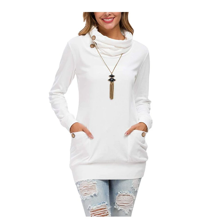 Womens Long Sleeve Button Cowl Neck Casual Slim Tunic Tops with Pockets