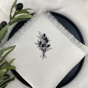 Fringed Olive Embroidered %100 Linen Napkin