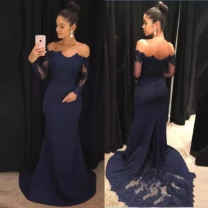free Shipping Navy Blue 2020 Mermaid Evening Dresses Lace Long Sleeves Prom Gowns Off The Shoulder Sweep Train Bridesmaid Dress