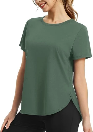 Women Round Neck Loose Workout T-Shirt, Curved Hem Quick Dry Breathable Sports Top for Yoga Gym Running