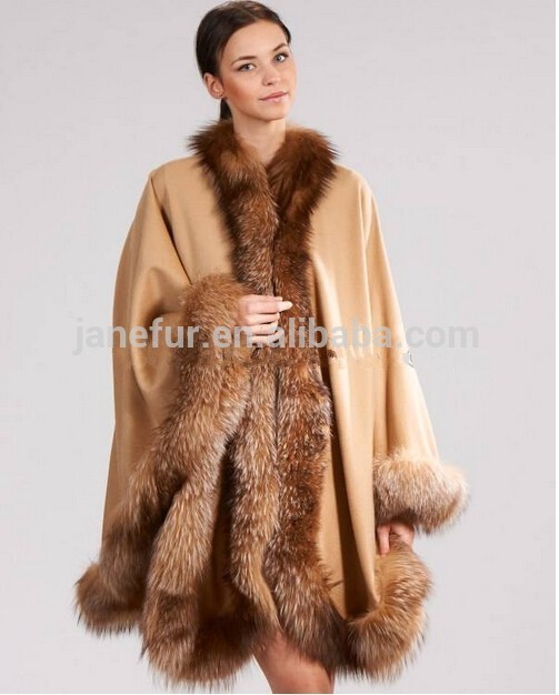 100% cashmere Camel woven shawl solide colour scarf with pure cashmere natural red fox fur