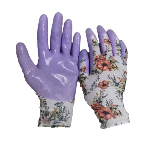 13 Gauge Purple Nitrile Palm Coated Flora Patterns Printing Polyester Liner Gardening Work Gloves