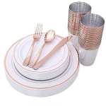 150 pcs Rose Gold Plates & Plastic Silverware & Rose Gold Cups , Premium Disposable Dinnerware Set