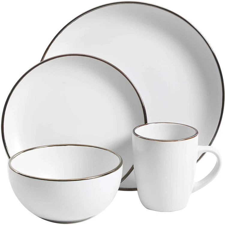 16-pc Rockaway Round Stoneware Dinnerware Set Service for 4 Matte White/Gold Rim