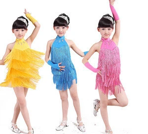 2015 Supply Choker diamond Tassel yellow blue pink color latin dance dress Kids performance wear