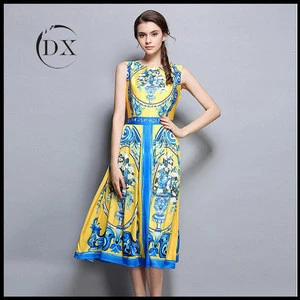2017 new women&#039;s dress Chinese style blue and white porcelain printing sleeveless long paragraph vest skirt