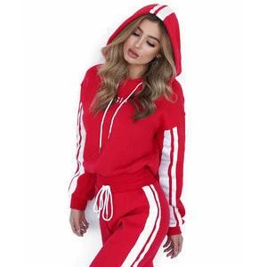 2018 Latest Design Hoodie Custom Fitted Two Pieces Tracksuit Set Striped Womens Sexy Tracksuit high quality sportswear