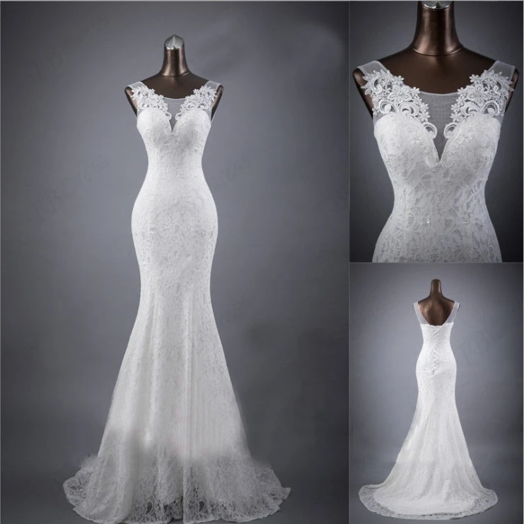 2020 Autumn New White Lace Fishtail Bride Wedding Dress Was Thin Shoulders Tail Large Size Wedding Dress