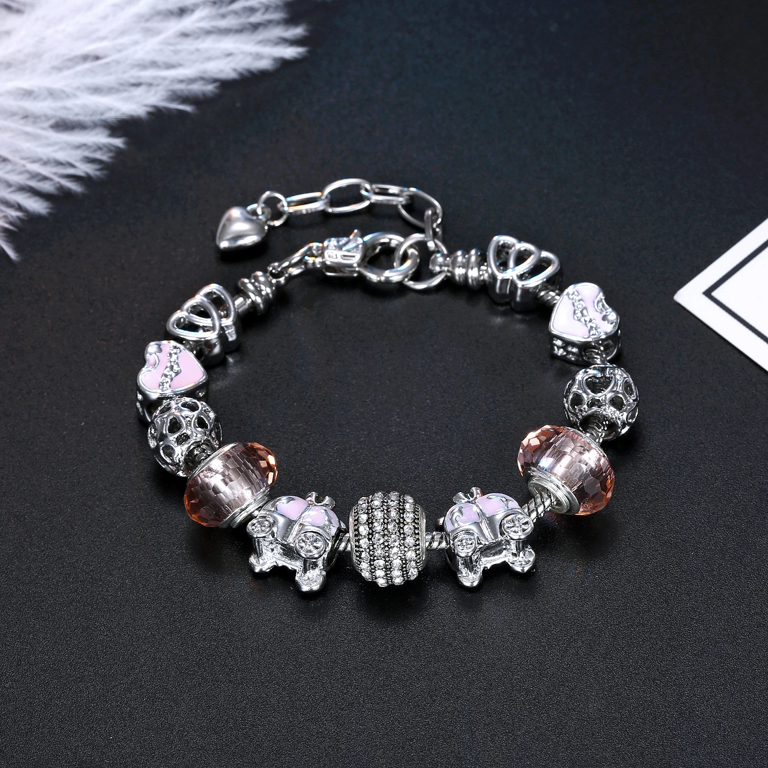 2021 Fashion Silver Plated Austrian Crystal Large Hole Beads Bracelet Pink Enamel Pumpkin Carriage Spacer Charm Bracelet