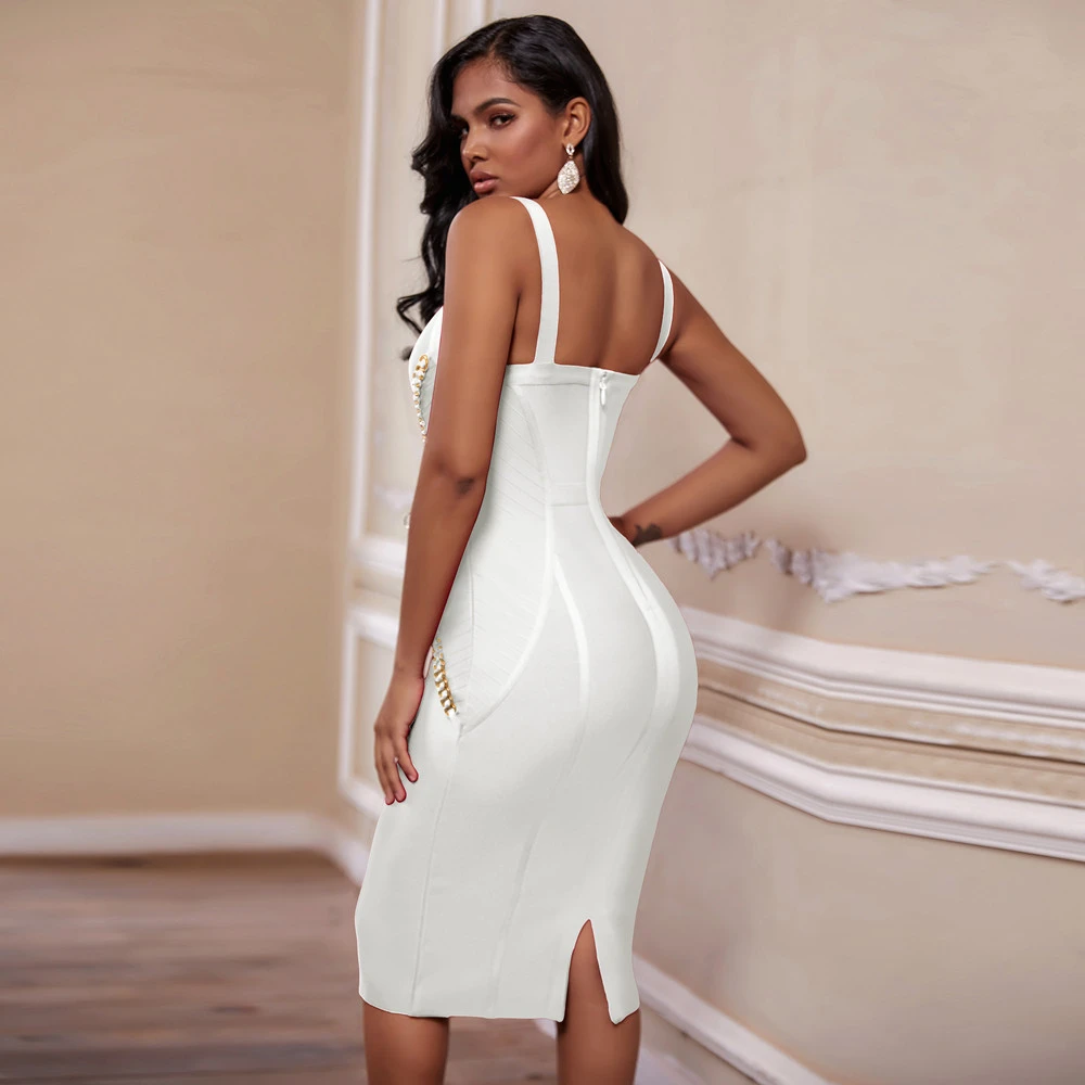 2021 New Arrivals Spring Women Sexy Chain Embellished Bandage Dress Solid Strap Bodycon Evening Club Party Dresses