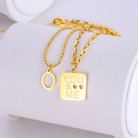 2022 Non Tarnish Waterproof Gold Necklace Double Stainless Steel Letters You And Me Gold Bead Pendant Necklaces