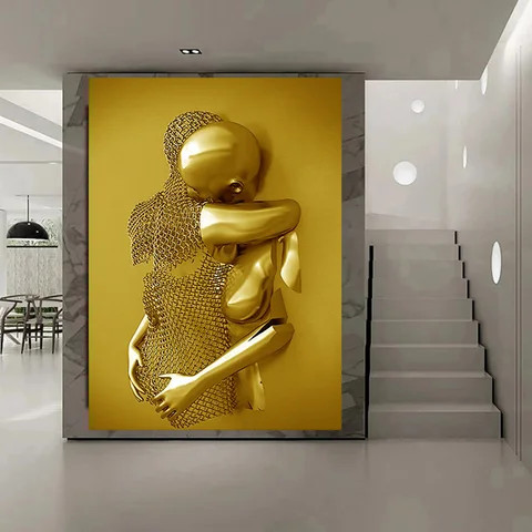 3d Couples Metal Figure Sculpture Wall Art Canvas Painting Love Art Statue Poster Print Picture For Living Room Decor