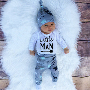3pcs/set wholesale hot selling soft long sleeve 100% cotton newborn baby boy clothing set with baby beanie hats