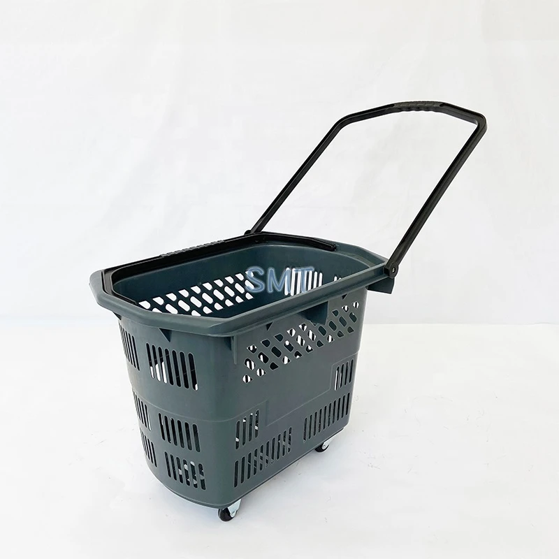 60L Plastic Basket with handle Rolling Shopping Basket Laundry Basket with wheels