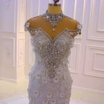Amanda Novias Luxury High Neck Heavy Beaded Mermaid African Wedding Dress 2019