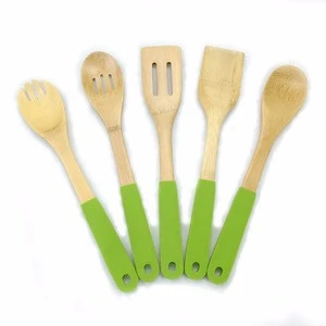 Bamboo colorful kitchen utensils set with silicone handle