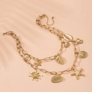 Beach Boho gold plated Sea star Coin  Shell  turtles multi layered  Pendant Necklace Sea Life Chain Ocean Series women Jewelry