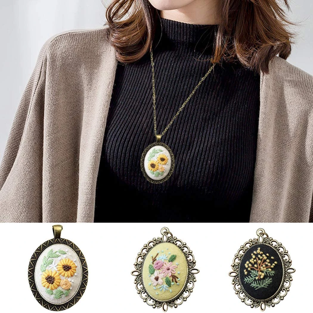 Beginner Embroidery Kit,Embroidered Stitching Pendants Hand Sewing Necklace Earrings Pendants Floral Plate Jewelry Necklace